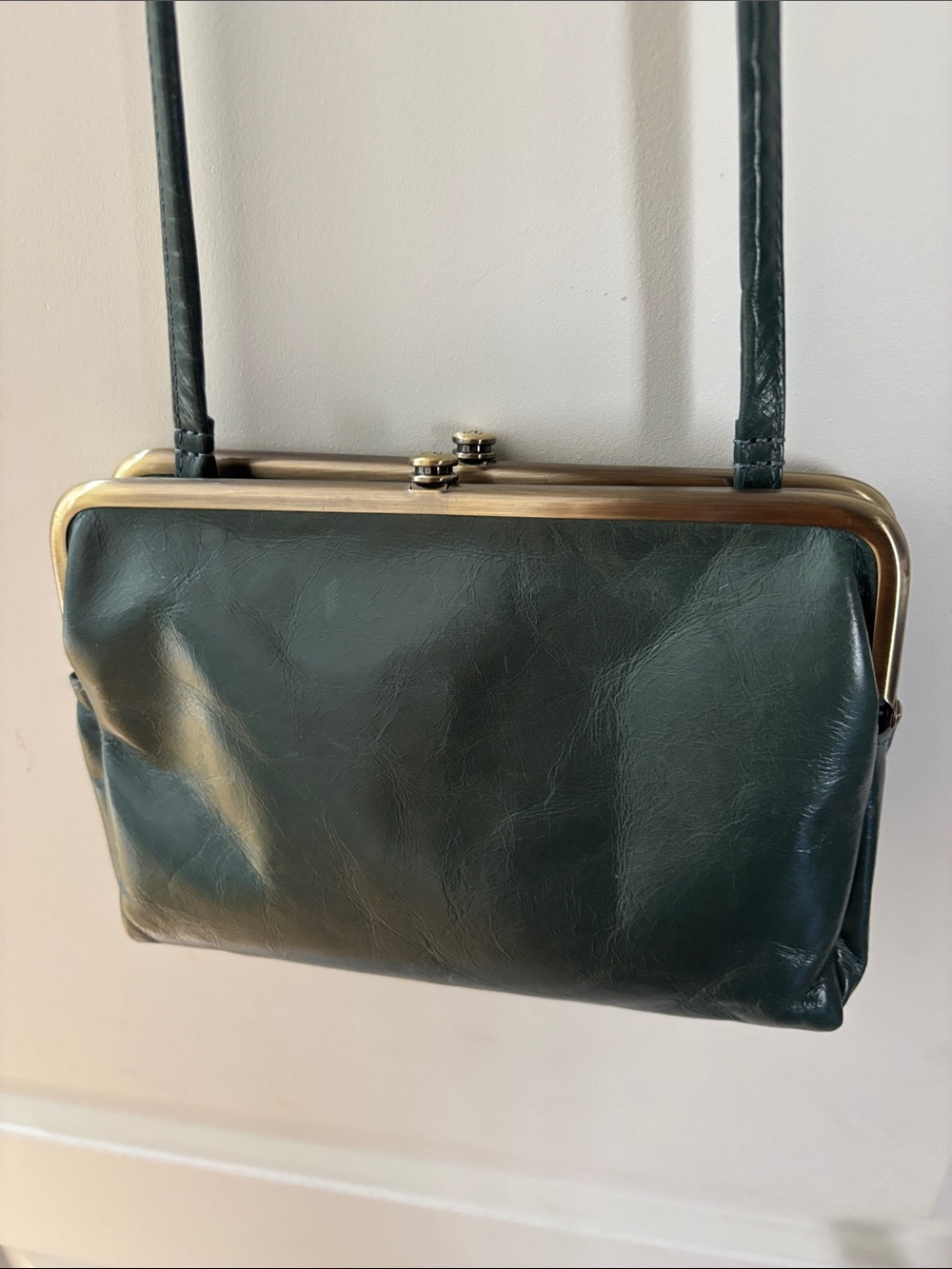 HOBO Dark Green Leather Frame Clutch with Gold-Tone Hardware